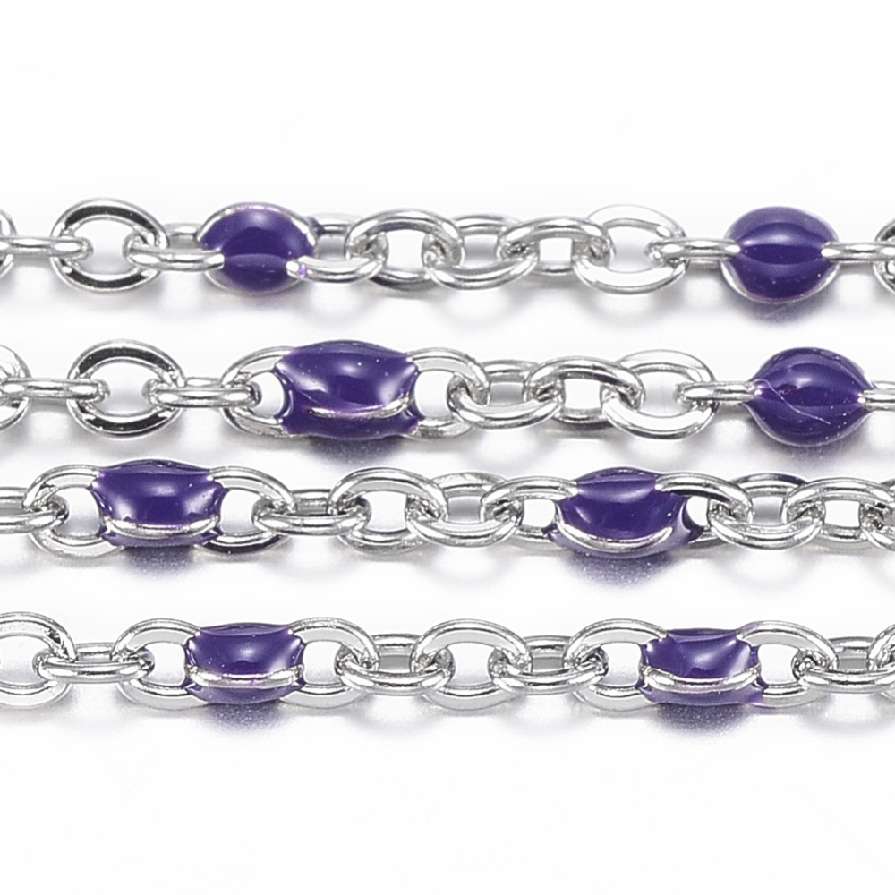 PandaHall 304 Stainless Steel Cable Chains, with Spool, with Enamel, Stainless Steel Color, Indigo, Links: 2x1.5x0.5mm; 10m/Roll Stainless...