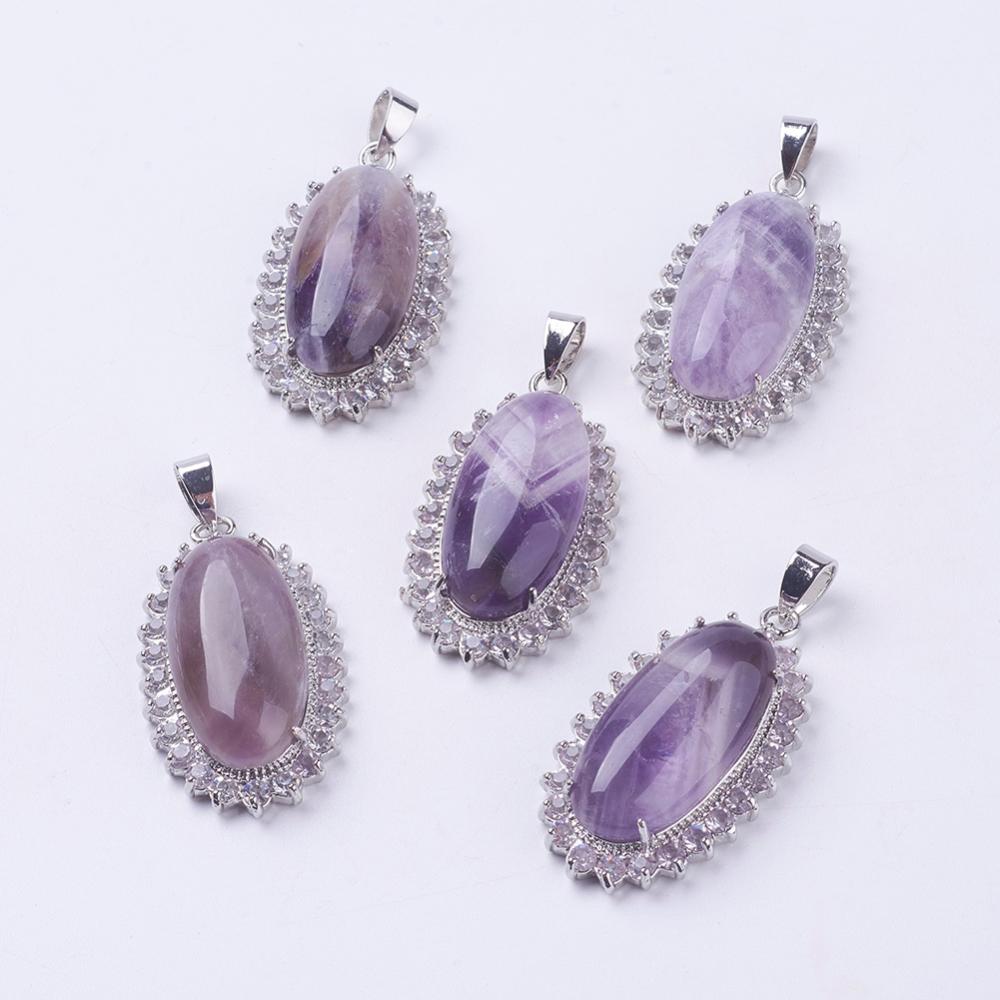 PandaHall Natural Amethyst Pendants, with Rhinestone and Brass Findings, Oval, Platinum, 41x22.5~23x9~10mm, Hole: 4x7mm Amethyst Oval