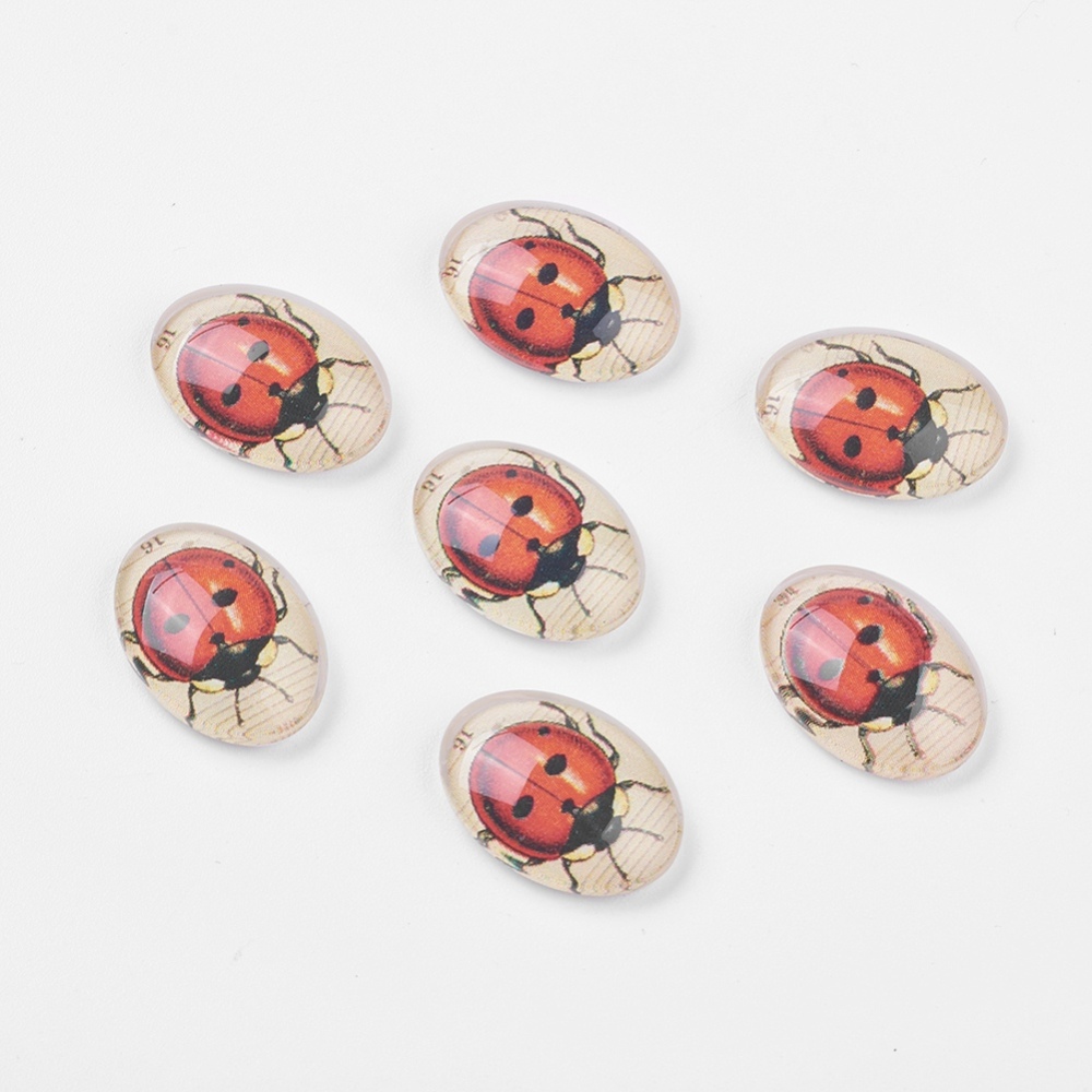 PandaHall Red Ladybug Dome Tempered Glass Flat Back Cabochons, Oval, Size: about 18mm long, 13mm wide, 6mm thick Glass Oval Red