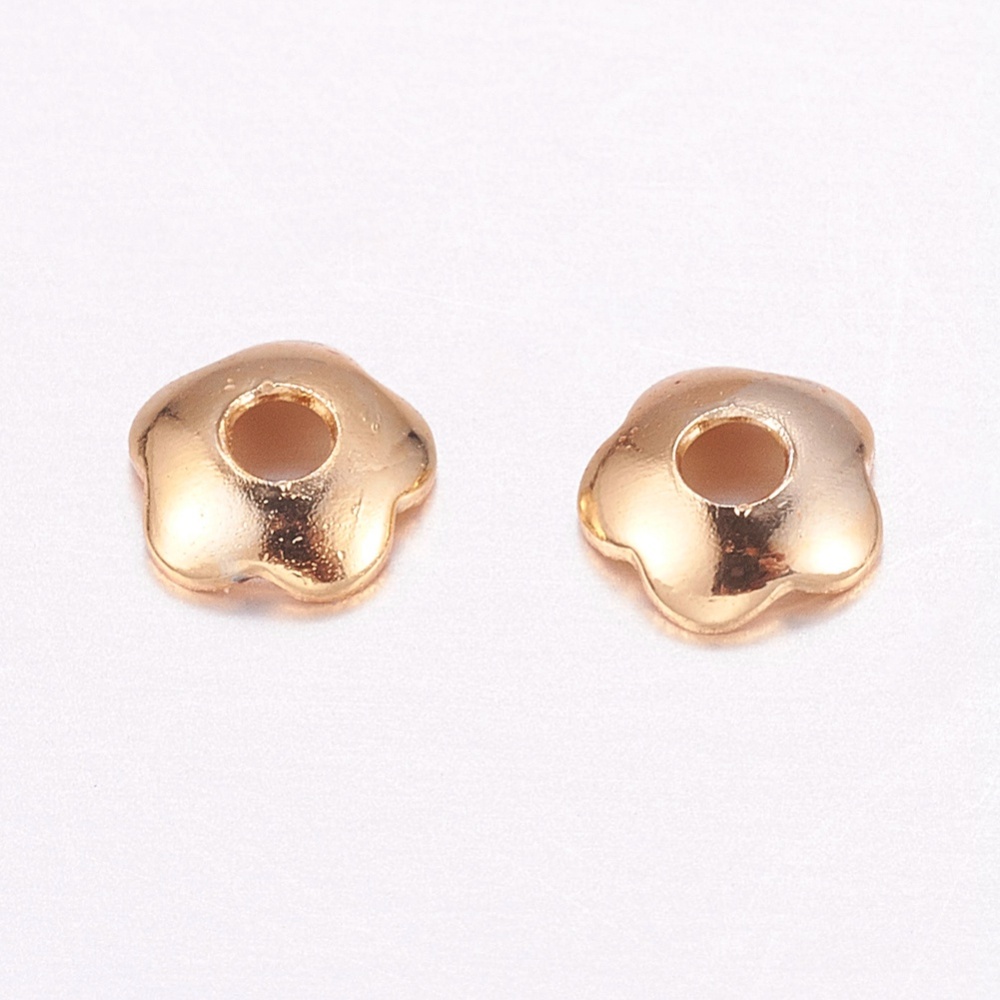 PandaHall Brass Bead Caps, Flower, 5-Petal, Long-Lasting Plated, Real Gold Plated, 4x1mm, Hole: 1mm Brass