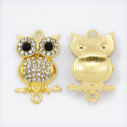 PandaHall Alloy Rhinestone Links, Grade A, for Halloween, Owl, Golden Metal Color, Crystal, 34x20x5mm, Hole: 2mm Alloy+Rhinestone Owl