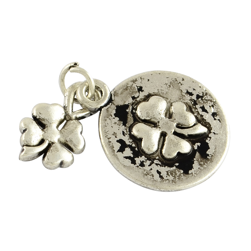 PandaHall Tibetan Style Alloy Pendants, Clover and Flat Round with Word Luck, Lead Free & Cadmium Free, Antique Silver, 20x16.5x2.5mm, Hole...