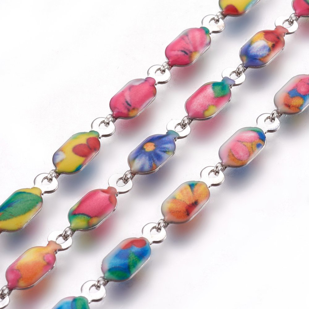 PandaHall 304 Stainless Steel Link Chains, Printed Chain for Decoration, with Rectangle Connector, Colorful, Stainless Steel Color...