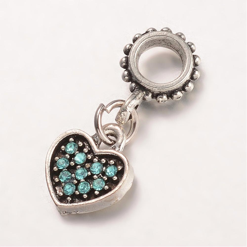 PandaHall Tibetan Style Alloy Rhinestones European Dangle Beads, Heart, Antique Silver, Aquamarine, 22mm, Hole: 4.5mm Alloy+Rhinestone Heart...