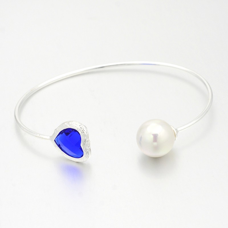 PandaHall Nickel Free Unfading Silver Plated Brass Glass Cuff Bangles, Torque Bangles, with Round Acrylic Pearl, Blue, 50x64mm Glass Blue