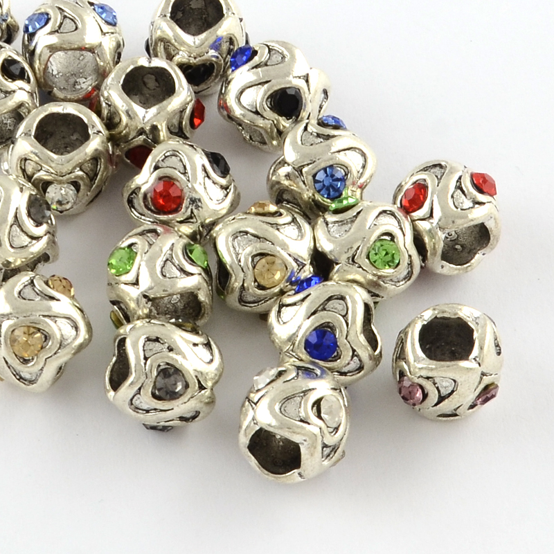 PandaHall Barrel Antique Silver Plated Metal Alloy Rhinestone European Beads, Large Hole Beads, Mixed Color, 10~11x9mm, Hole: 5mm...