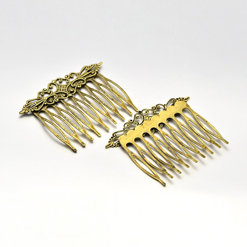 PandaHall Vintage Hair Accessories Iron Hair Comb Findings, with Brass Filigree Flower Cabochon Settings, Nickel Free, Antique Bronze...