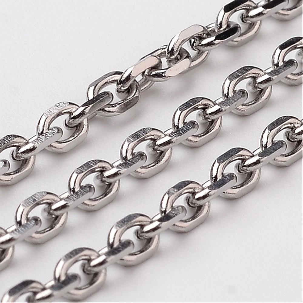 PandaHall 304 Stainless Steel Cable Chains, Faceted, Stainless Steel Color, 3.5x2.7x0.8mm Stainless Steel
