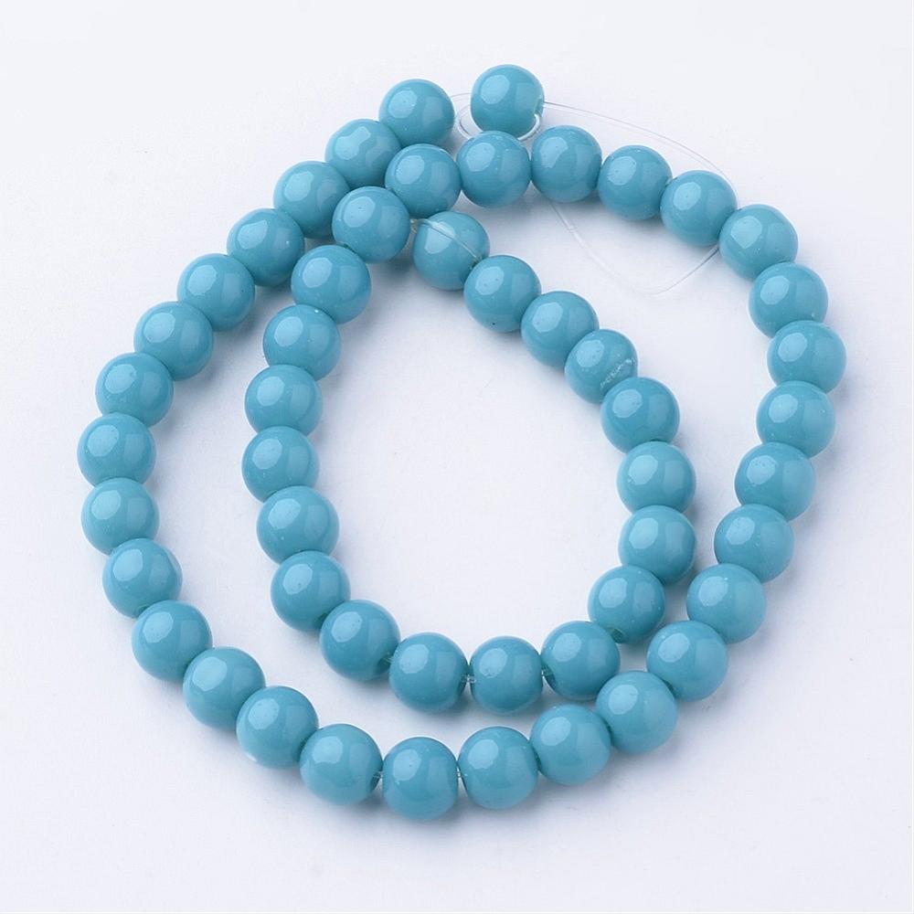 PandaHall Opaque Glass Bead Strands, Round, Dyed, Cyan, 6mm, Hole: 1mm; about 52pcs/strand, 11.4" Glass Round Cyan