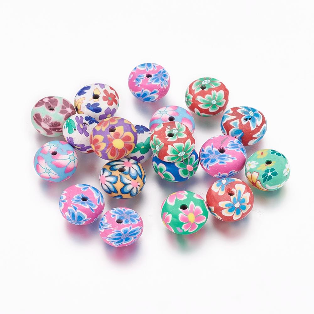 PandaHall Handmade Polymer Clay Flat Round Beads, with Flower Pattern, Mixed Color, 11~12x6~7mm, Hole: 3mm Polymer Clay Flat Round...