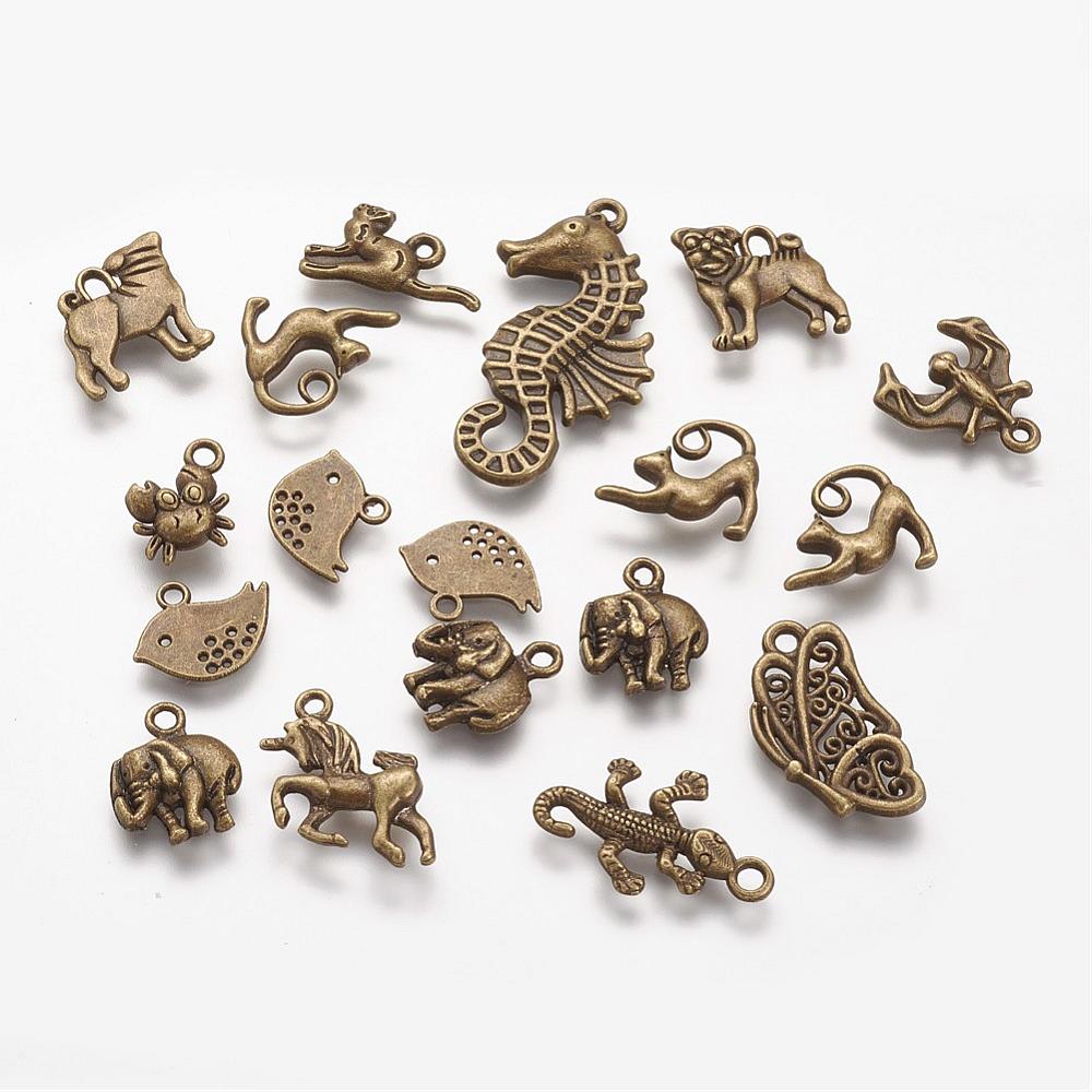PandaHall Mixed Tibetan Style Animal Pendants, Antique Bronze, 15~40x8~20x1~6mm, Hole: 1~3mm Alloy Animal