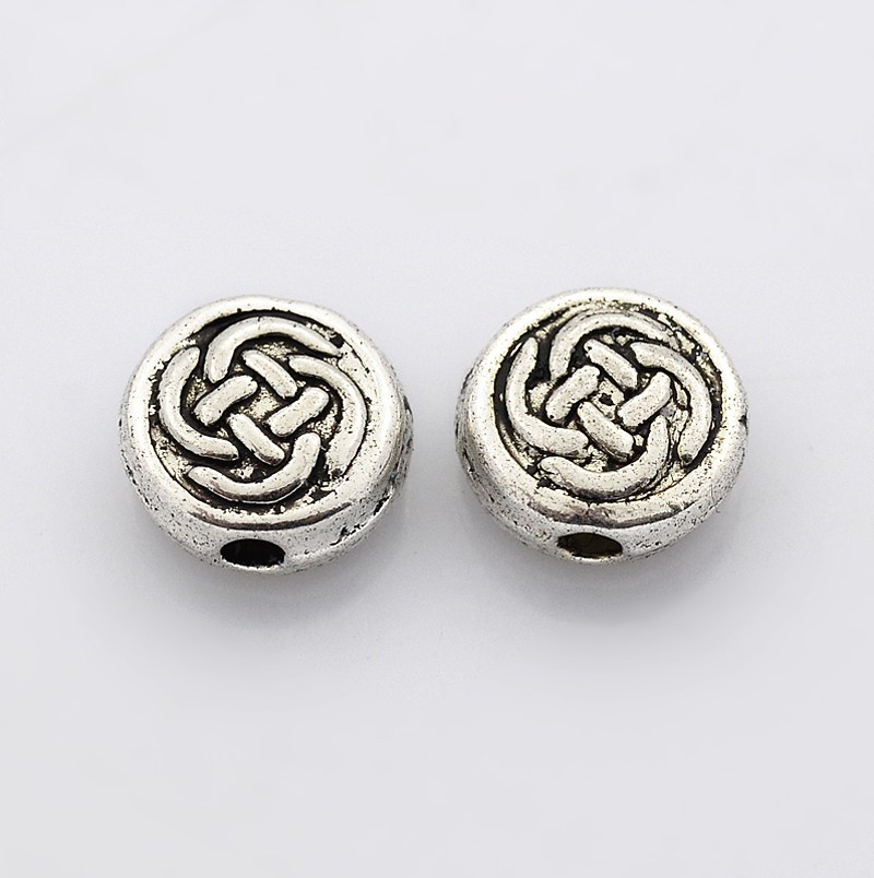 PandaHall Tibetan Style Beads, Lead Free and Cadmium Free, Flat Round with Flower, Antique Silver, about 7mm in diameter, 3mm thick, hole...