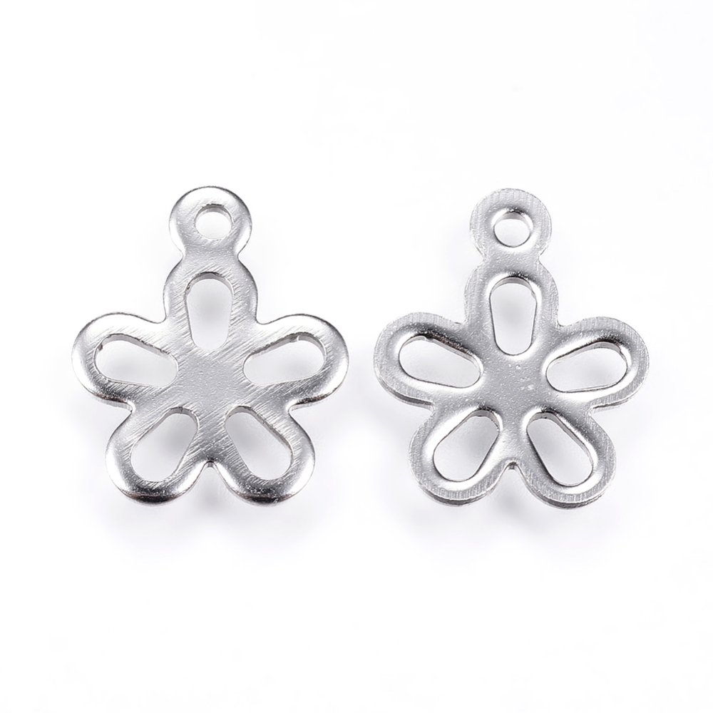 PandaHall 304 Stainless Steel Charms, Flower, Stainless Steel Color, 14.5x11.5x0.8mm, Hole: 1mm Stainless Steel Flower