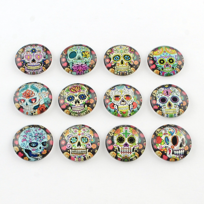 PandaHall Half Round/Dome Candy Skull Pattern Glass Flatback Cabochons for DIY Projects, Mixed Color, 14x4mm Glass Half Round Multicolor