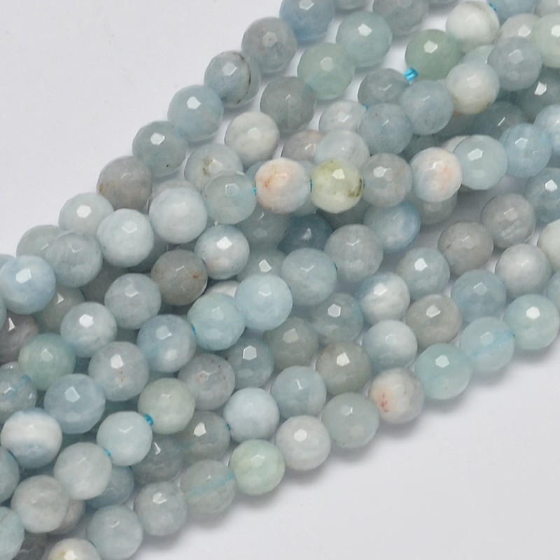 PandaHall Faceted Round Grade AB Natural Aquamarine Bead Strands, 5mm, Hole: 1mm; about 80pcs/strand, 15.5" Aquamarine Round