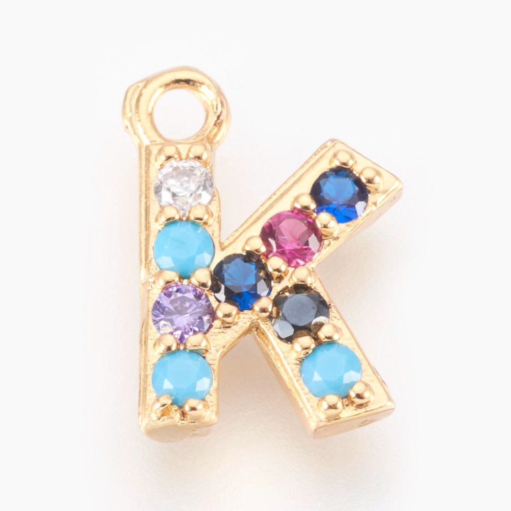 PandaHall Brass Micro Pave Cubic Zirconia Charms, Alphabet, Golden, Letter.K, 13~14x7~10x2~2.5mm, Hole: 1.5~1.8mm Brass+Cubic Zirconia...