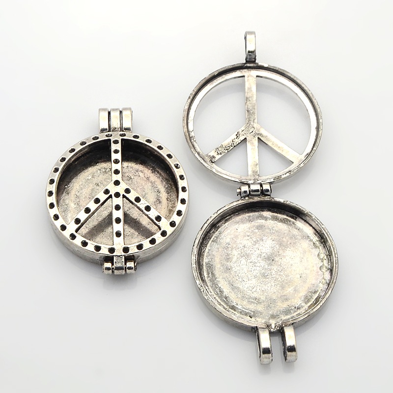 PandaHall Hollow Peace Sign Flat Round Photo Frames Alloy Diffuser Locket Pendants, Without Glass Cover, Nickel Free, Antique Silver, Tray...