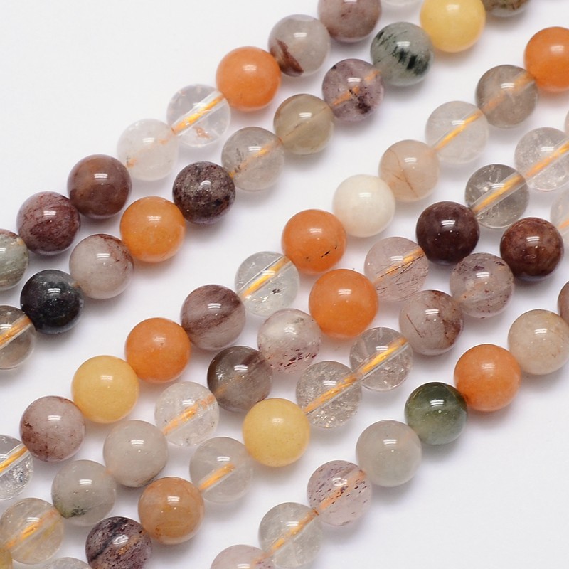 PandaHall Natural Rutilated Quartz Round Bead Strands, 8mm, Hole: 1mm; about 50pcs/strand, 15.5" Rutilated Quartz Round