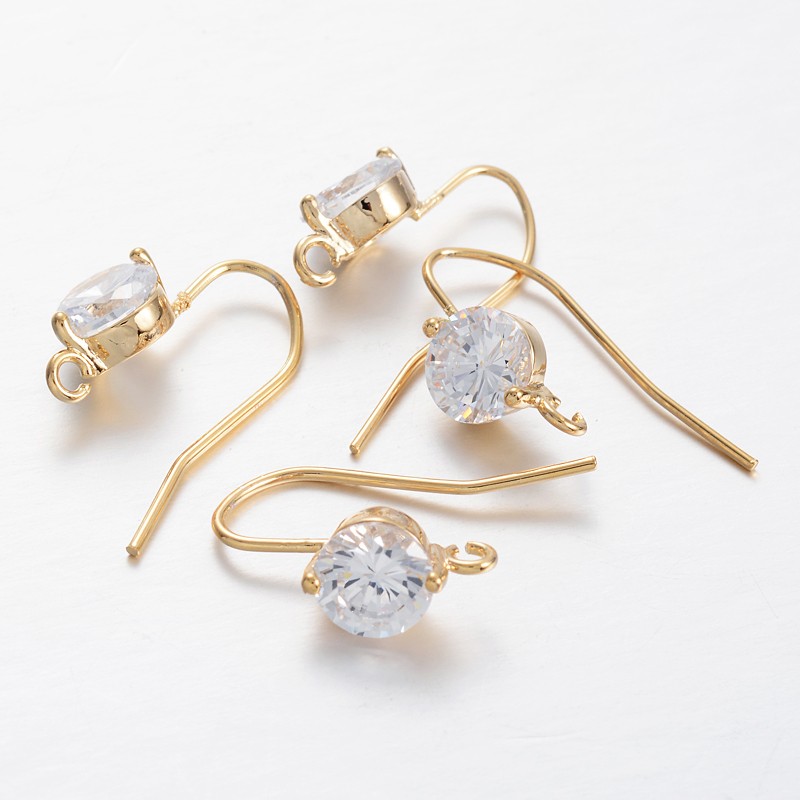 PandaHall Brass Glass Rhinestone Earring Hook, Golden, 23x7x12mm, Hole: 1.5mm; Pin: 0.7mm Brass