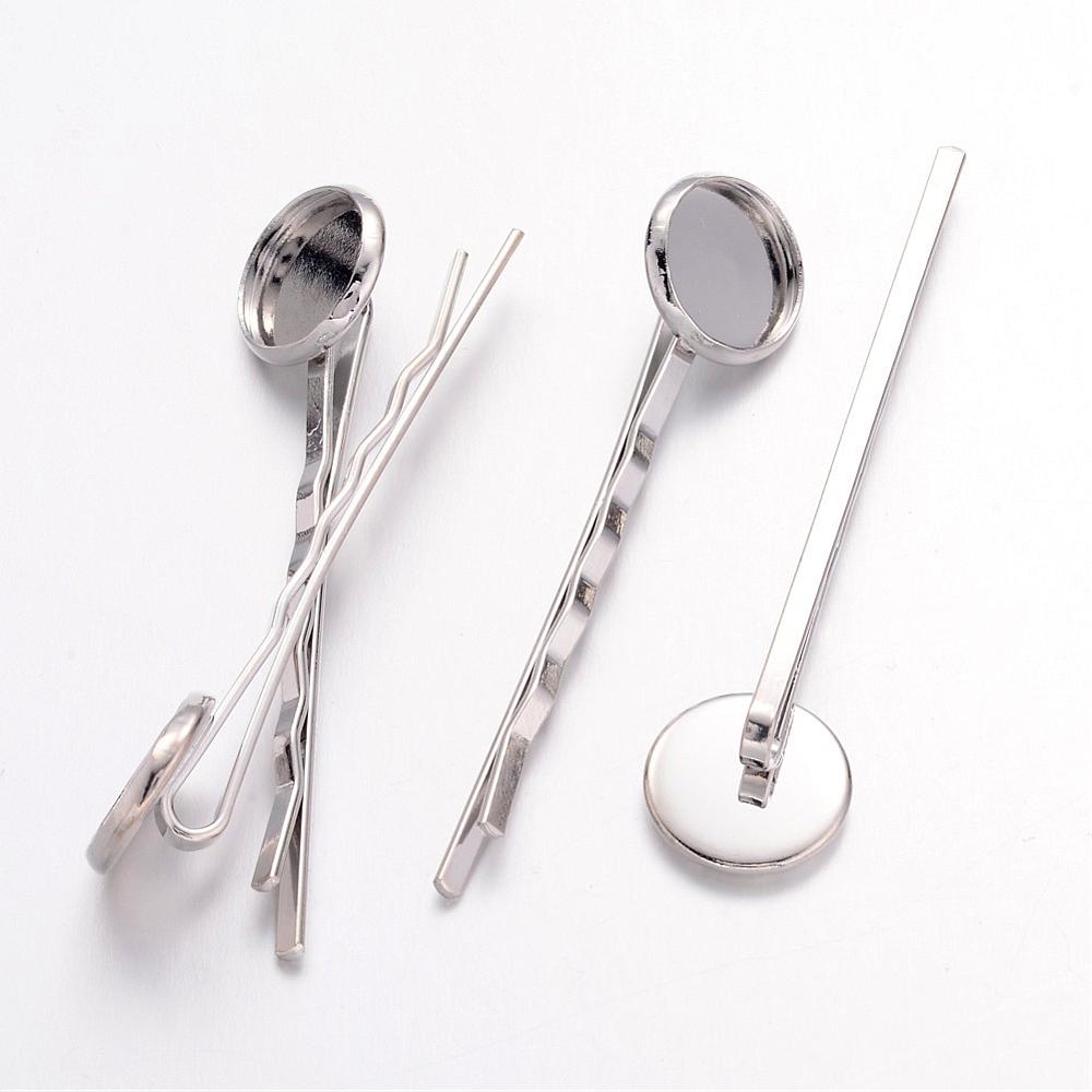 PandaHall Iron Hair Bobby Pin Findings, with Brass Tray, Nice for DIY Hair Findings, Platinum, 61x13mm Brass
