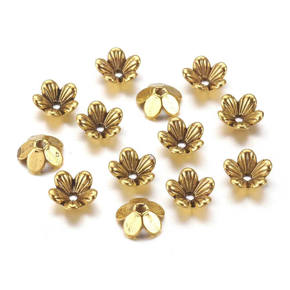 PandaHall Tibetan Style Flower Alloy Bead Caps, 5-Petal, Lead Free & Cadmium Free, Antique Golden, 9x3mm, Hole: 1.5mm Alloy