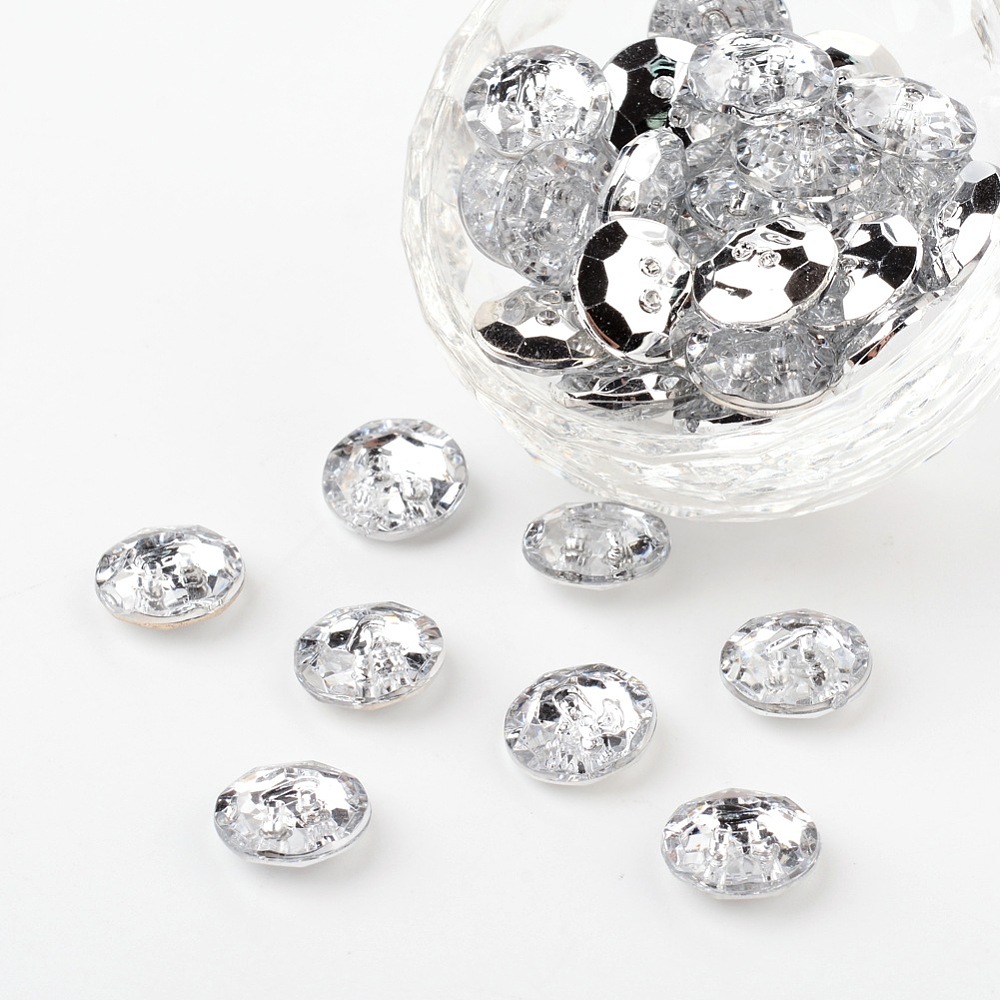 PandaHall Acrylic Rhinestone Buttons, 2-Hole, Faceted, Flat Round, Crystal, 13x4.5mm, Hole: 1mm Acrylic Rhinestone Flat Round