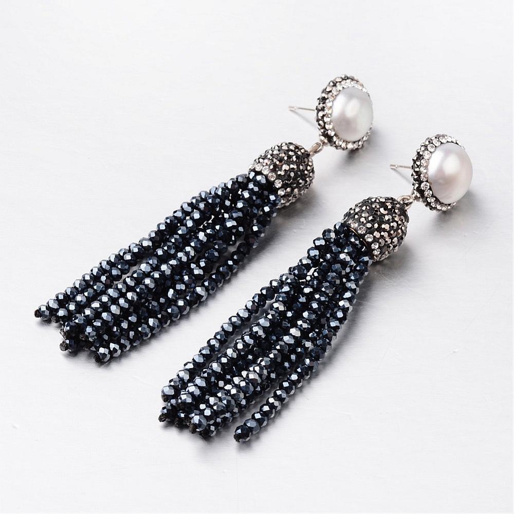 PandaHall Glass Tassel Earrings, with Pearl, Polymer Clay Rhinestone and Steel Pin, Black, 82~90mm; Pin: 0.7mm Glass Black