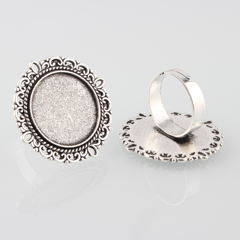 PandaHall Vintage Adjustable Iron Finger Ring Components Alloy Cabochon Bezel Settings, Antique Silver, Flat Round Tray: 20mm; 17mm Iron