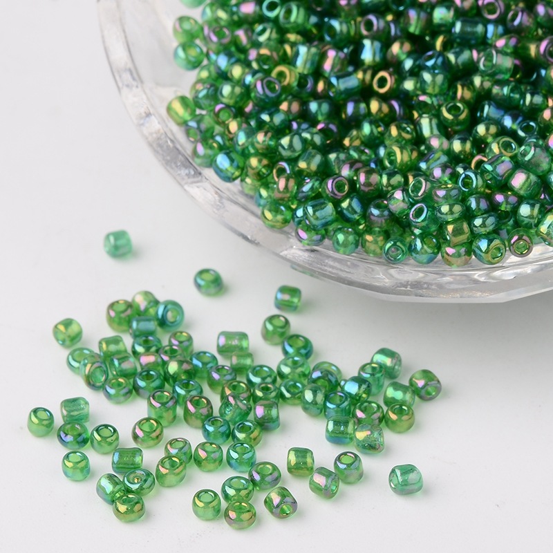 PandaHall Transparent Colours Rainbow Round Glass Seed Beads, Green, Size: about 3mm in diameter, hole: 1mm; about 1102pcs/50g Glass Green