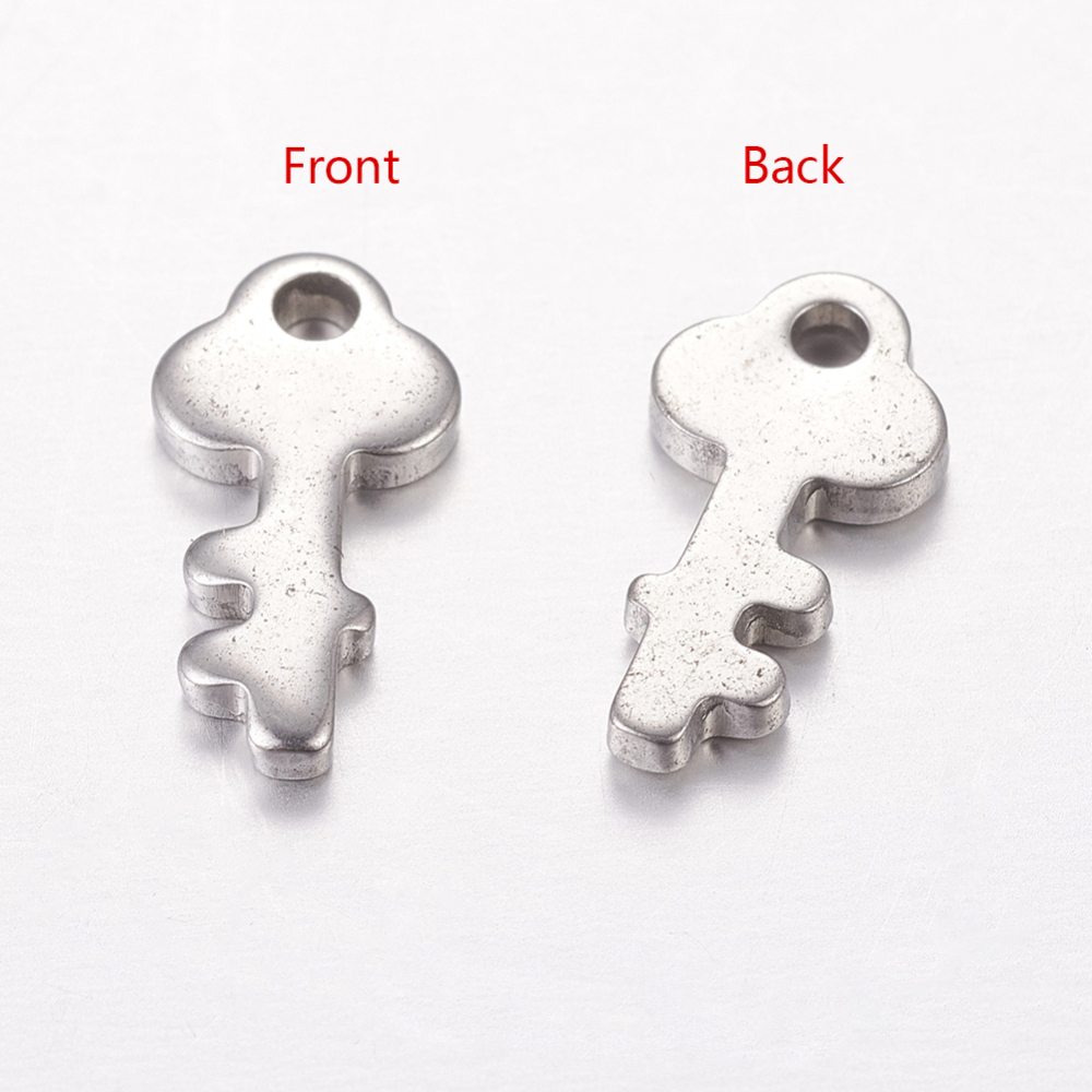 PandaHall 10Pcs Original Color Key Charms Stainless Steel Pendants, 12x6x1mm, Hole: 1mm Stainless Steel Key