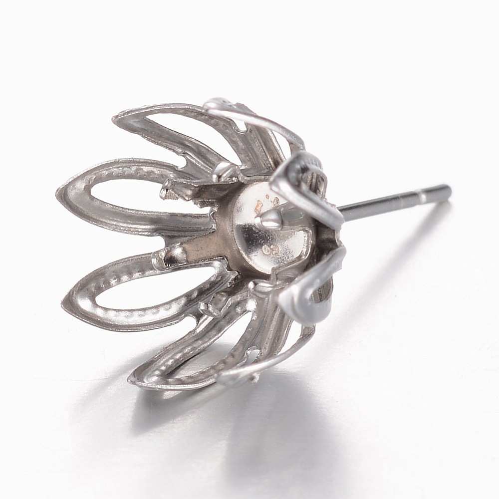 PandaHall 304 Stainless Steel Stud Earring Settings, Flower, Stainless Steel Color, Tray: 4mm, 11x1mm; Pin: 0.7mm Stainless Steel