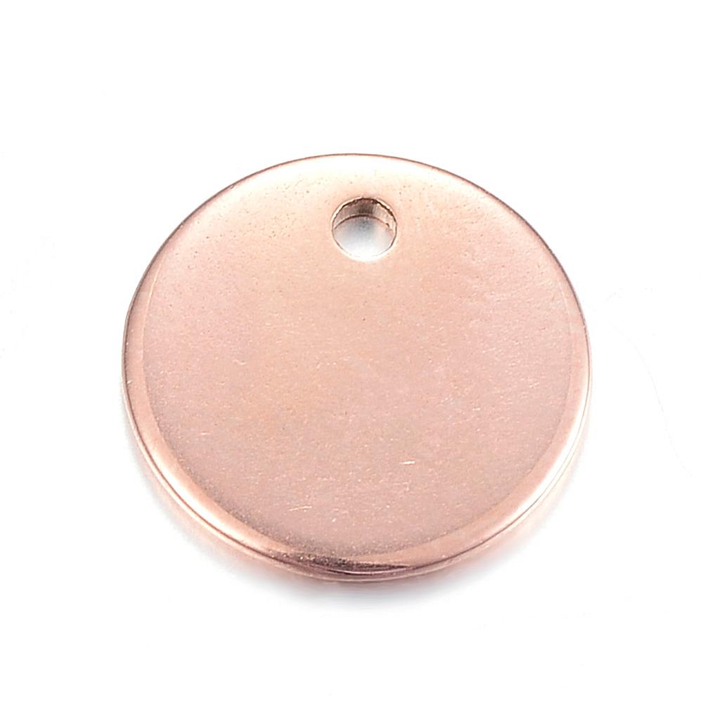 PandaHall 304 Stainless Steel Blank Stamping Tag Charms, Flat Round, Rose Gold, 10x1mm, Hole: 1mm Stainless Steel Flat Round