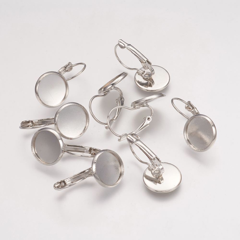 PandaHall Flat Round Brass Leverback Earring Findings, Platinum, Size: Earring: about 14mm wide, 27mm long, Tray: 12mm inner diameter, Pin...