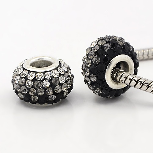 PandaHall Two Tone Grade A Rhinestone Resin European Beads for Charm Bracelets, with Silver Plated Brass Double Cores, Rondelle, Camel...