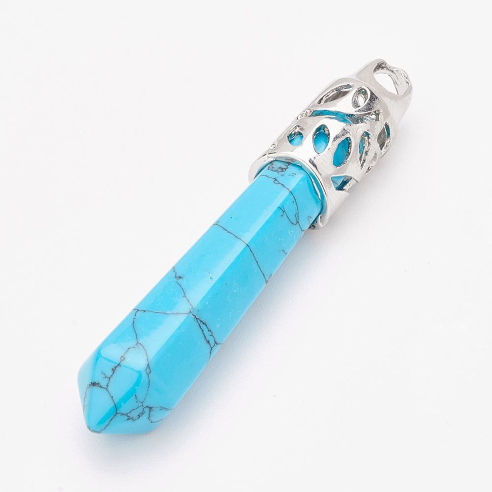 PandaHall Synthetic Turquoise Pendants, with Platinum Tine Brass Findings, Bullet, 60.5~66x10~11x10mm, Hole: 4x5mm Turquoise Bullet Green