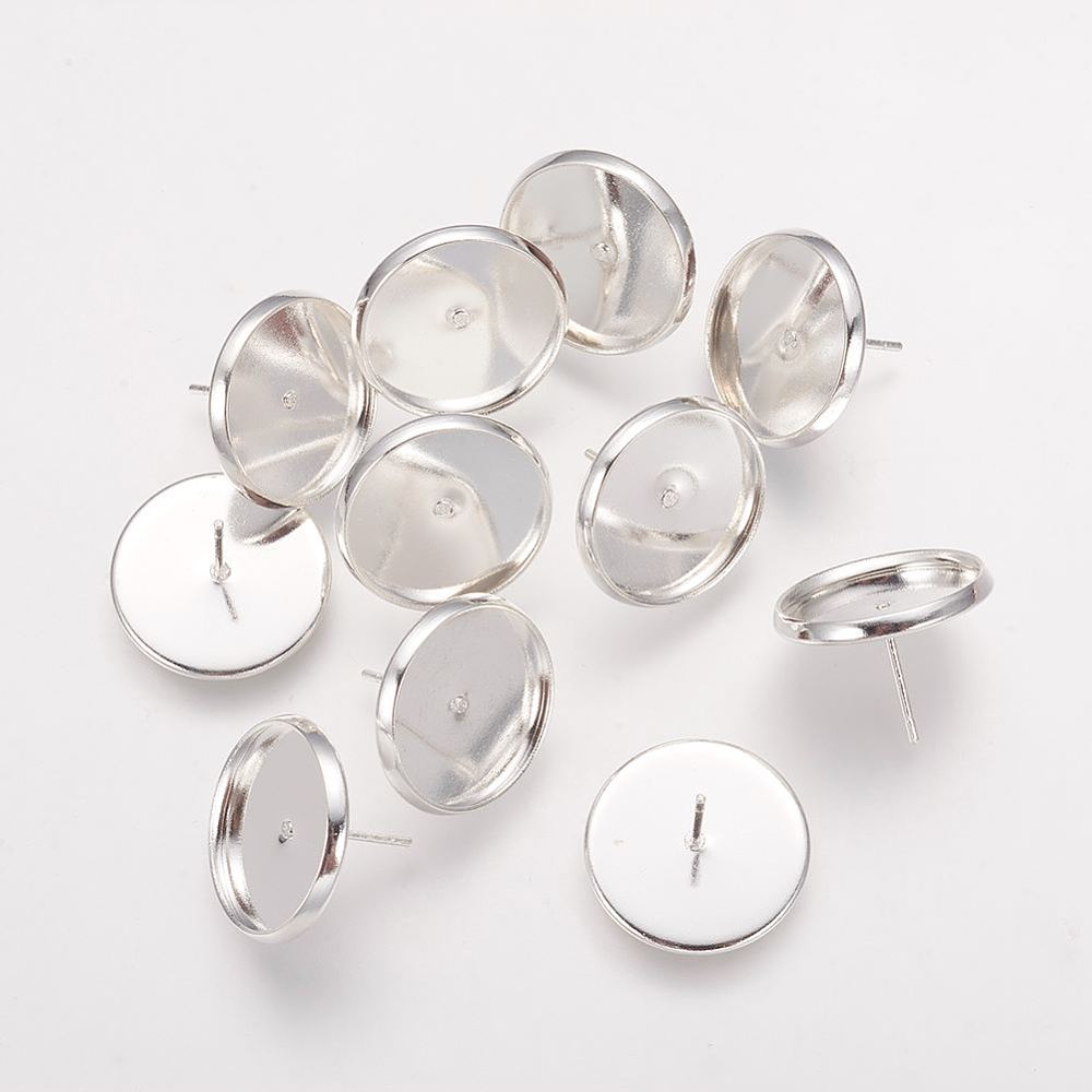 PandaHall Brass Ear Stud Bezel Settings fit Cameo Cabochons, with Iron Pins, Silver, 13x16mm, Tray: 14mm, Pin: 1mm Brass
