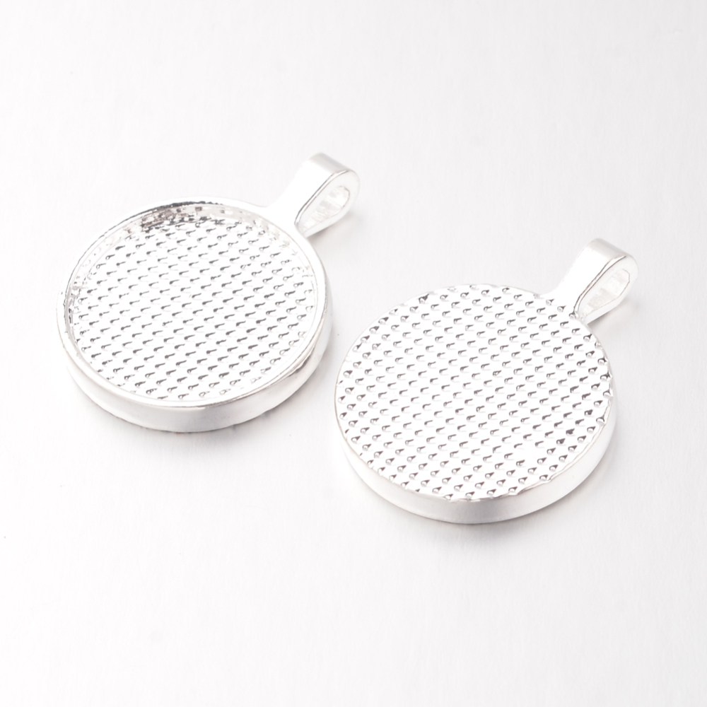 PandaHall Flat Round Alloy Pendant Cabochon Settings, Nickel Free, Silver, Tray: 25mm; 35x28x3mm, Hole: 5x3mm Alloy Flat Round Silver
