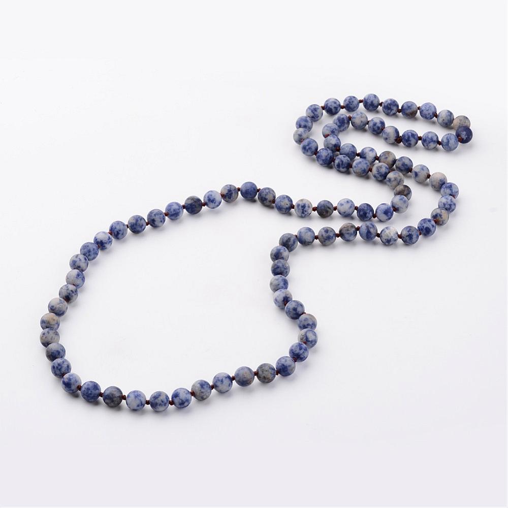 PandaHall Natural Blue Spot Stone Necklaces, Beaded Necklaces, Round, Frosted, 33" Blue Spot Stone