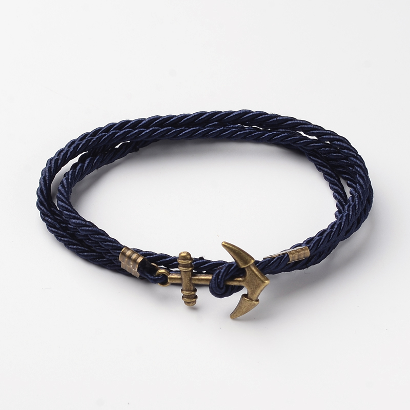 PandaHall Two Loops Polyester Cord Wrap Bracelets, with Anchor Antique Bronze Tone Alloy Findings, MarineBlue, 415x3mm Mixed Material Blue