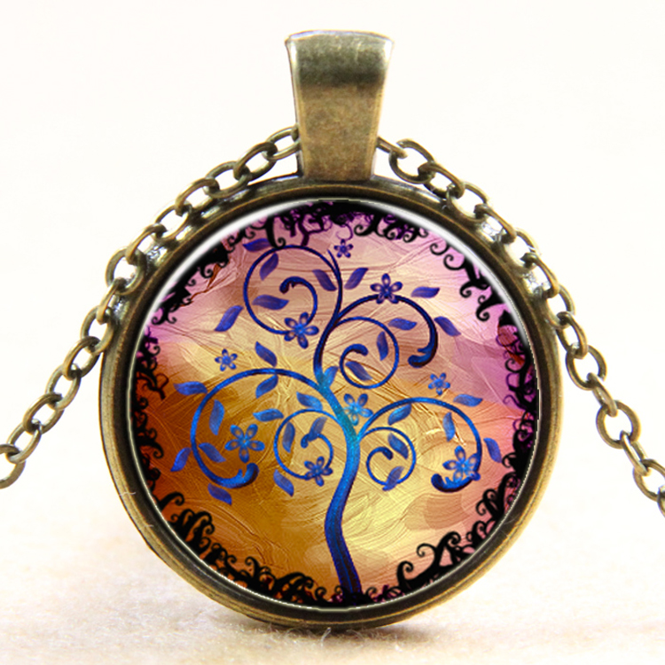 PandaHall Tree Of Life Pattern Flat Round Glass Pendant Necklaces, with Alloy Chains, Antique Bronze, 18" Alloy