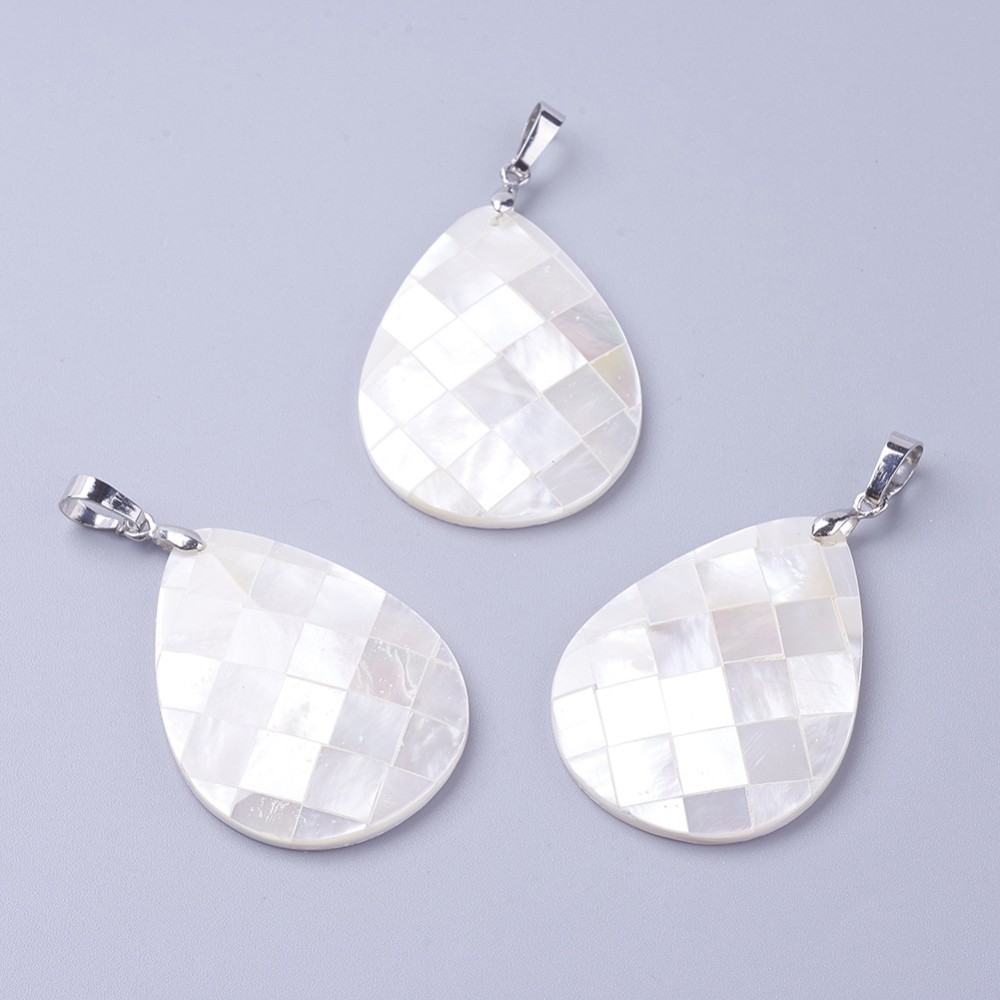 PandaHall Natural Shell Pendants, with Brass Findings, Drop, Platinum, White, 40x30x5.5mm, Hole: 5x8mm Shell Drop White