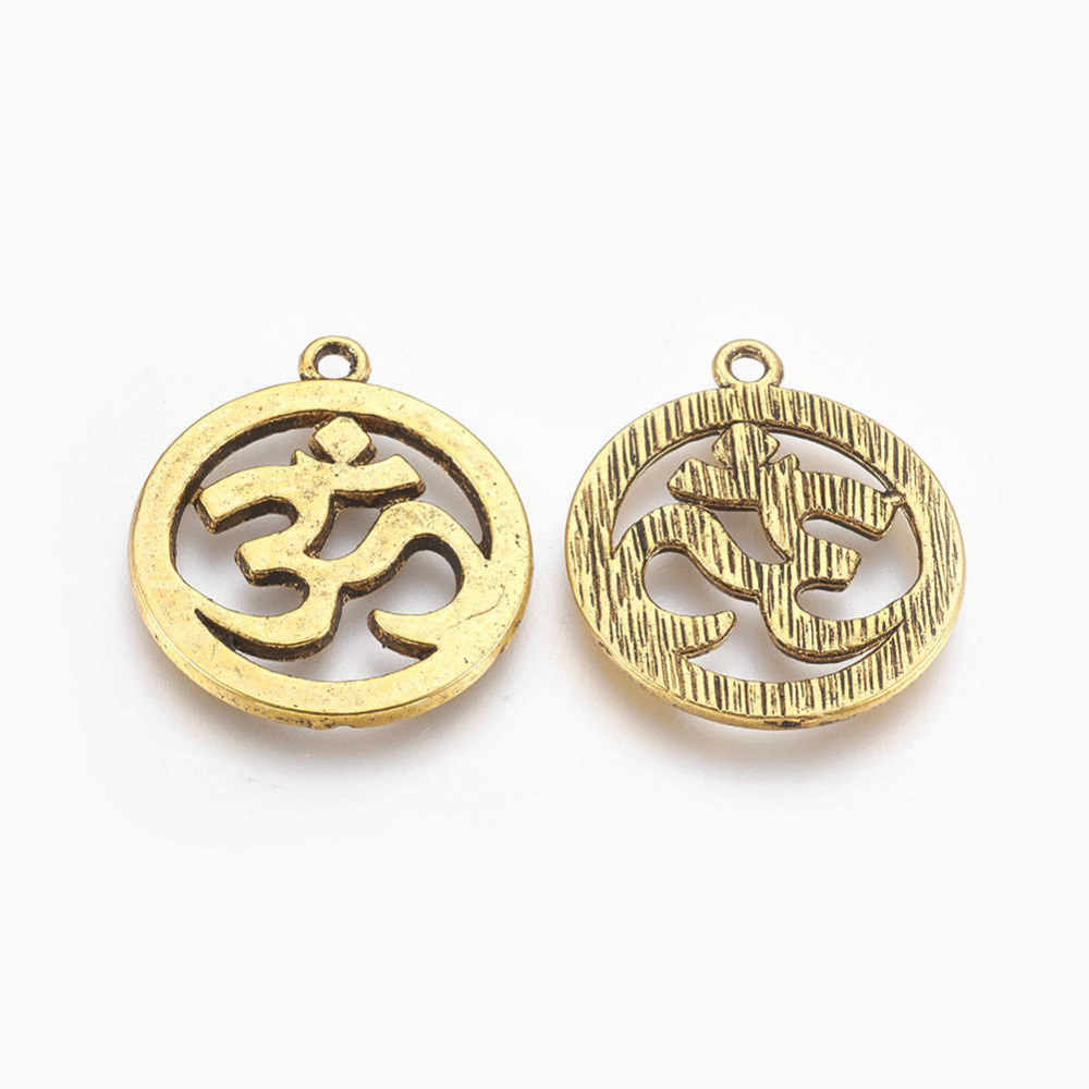 PandaHall Tibetan Style Alloy Pendants, Flat Round with Mark Ohm/Aum, Cadmium Free & Nickel Free & Lead Free, Antique Golden, 29x25.5x2mm...