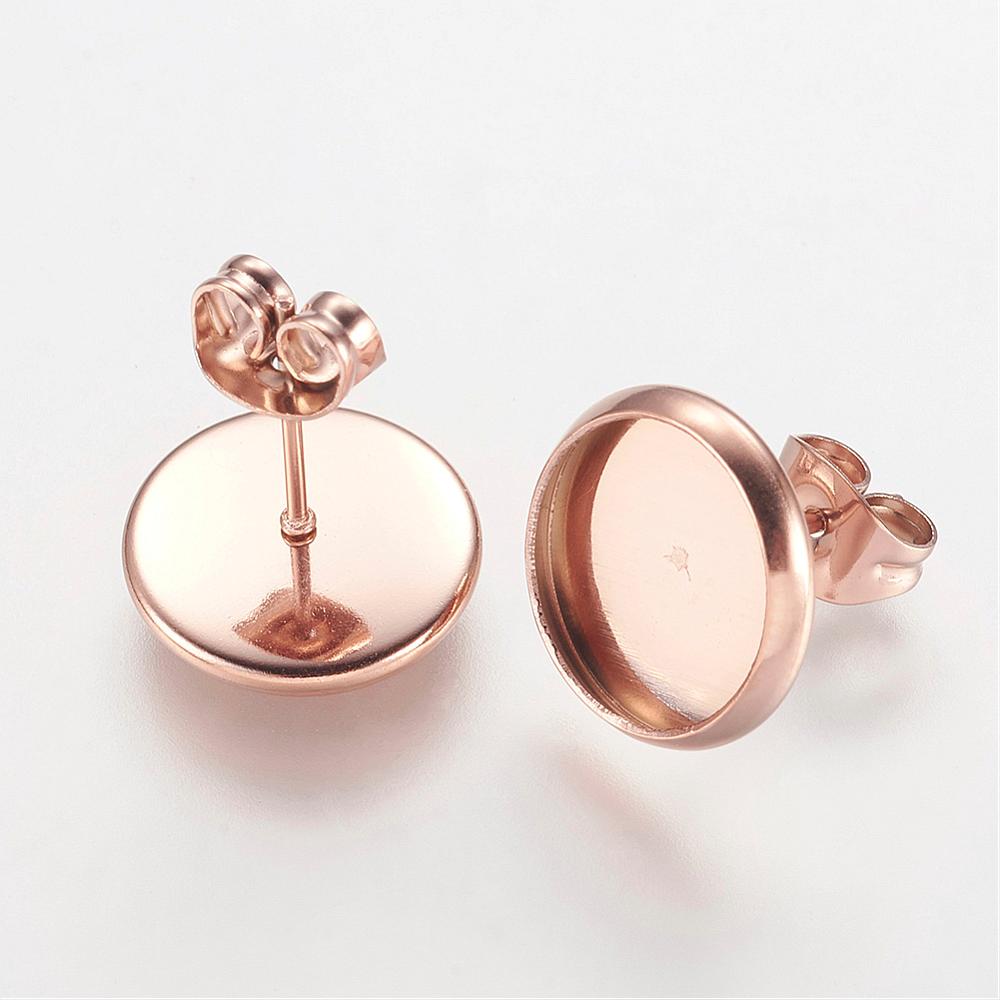 PandaHall 304 Stainless Steel Stud Earrings Findings, Furnace Electroplating, Flat Round, Rose Gold, Tray: 10mm; Pin: 0.9mm Stainless Steel