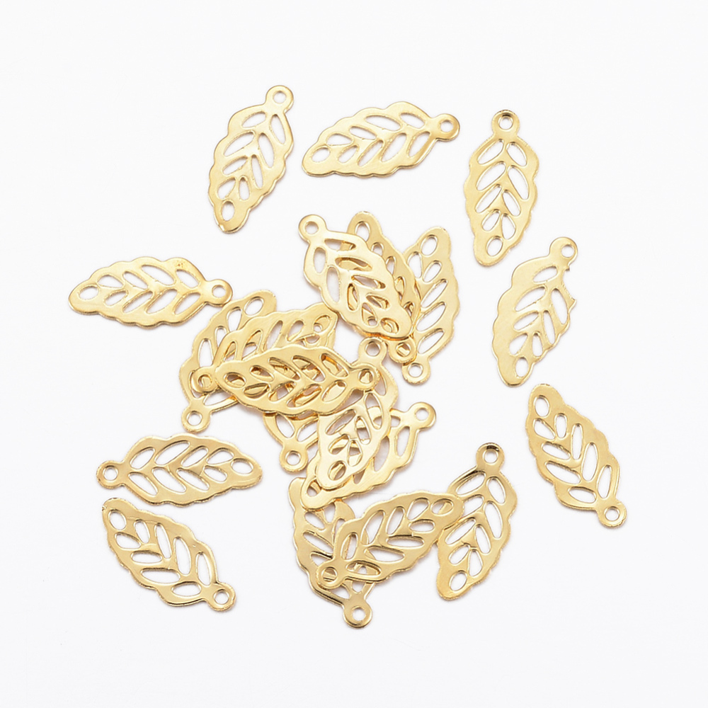 PandaHall 304 Stainless Steel Charms, Leaf, Golden, 12.5x5.5x0.2mm, Hole: 1mm Stainless Steel Leaf