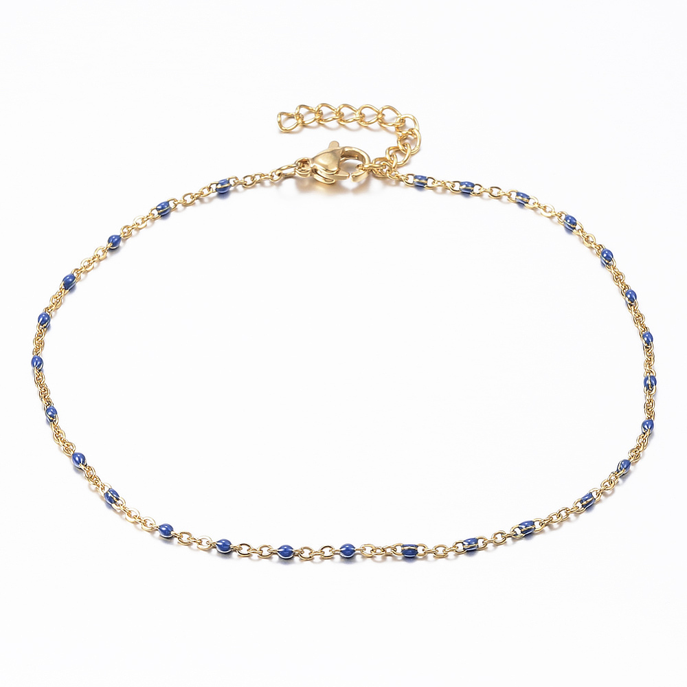 PandaHall 304 Stainless Steel Cable Chain Anklets, with Enamel Links, Golden, DarkBlue, 9"(23cm); 1.5~2mm Stainless Steel Blue