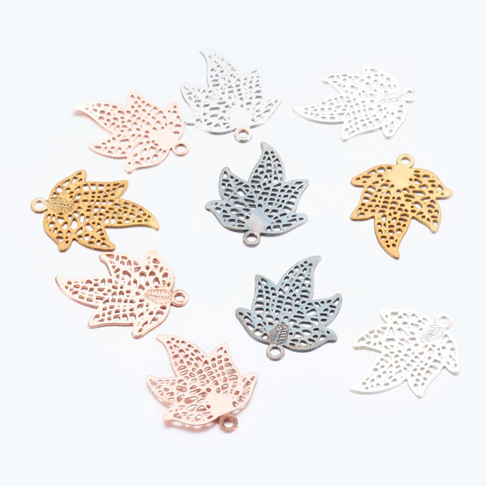 PandaHall Mixed 10PCS Maple Leaf Brass Computer Beaded Patch Pendants, 17x13x0.5mm, Hole: 1mm Brass Leaf