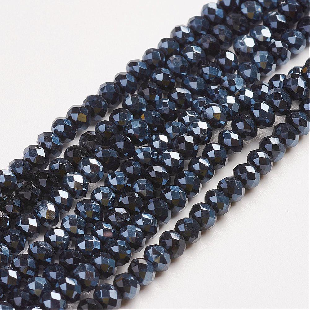 PandaHall Electroplate Glass Beads Strands, Faceted, Rondelle, Black Plated, 3x2mm, Hole: 1mm; about 100pcs/strand, 10" Glass Rondelle Black