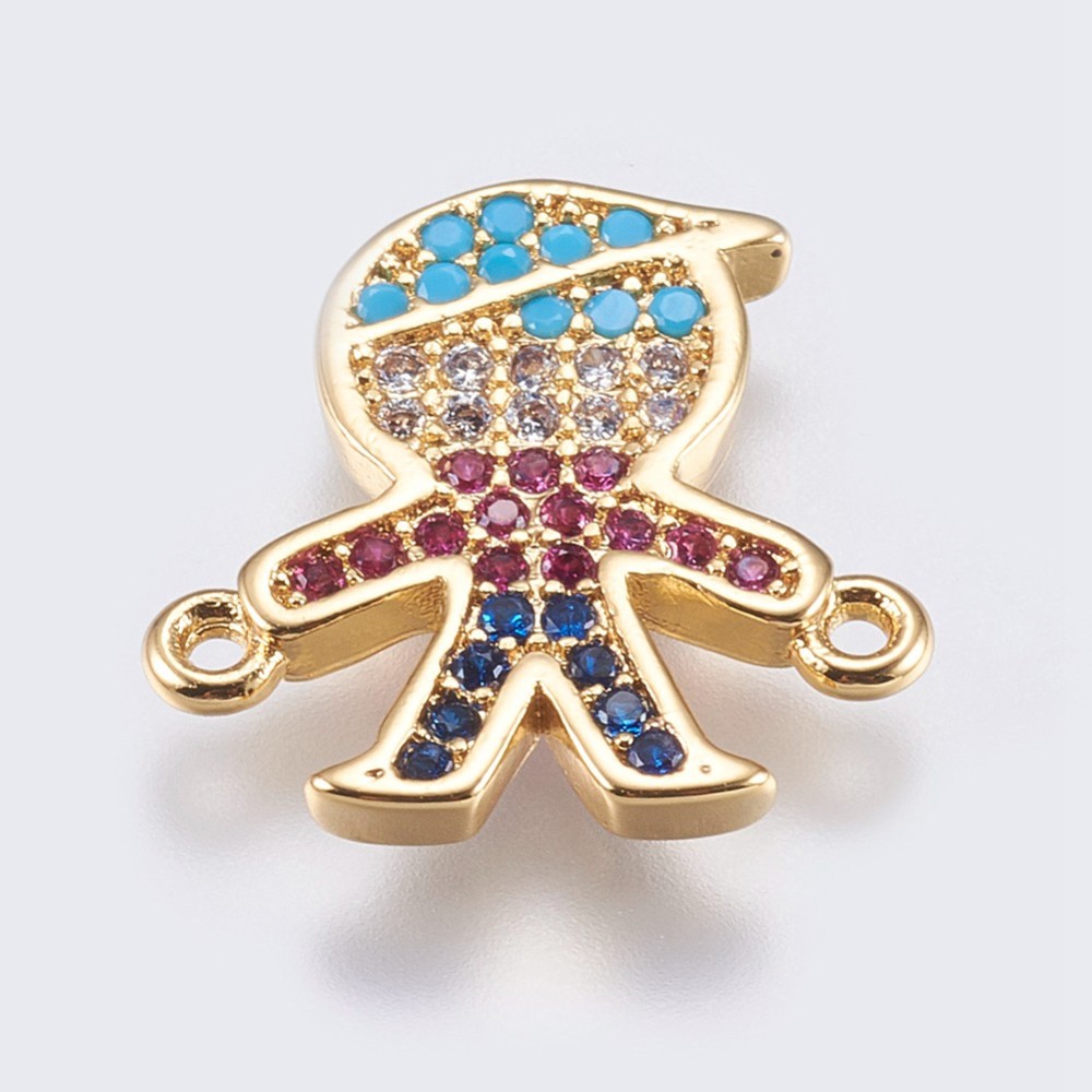 PandaHall Brass Micro Pave Cubic Zirconia Links, Boy, Colorful, Golden, 15x15x2mm, Hole: 1mm Brass+Cubic Zirconia Human