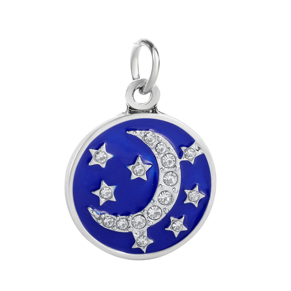 PandaHall Alloy Enamel Pendants, with Rhinestones, Flat Round with Moon, Platinum, Blue, 23x19.5x2mm, Hole: 5mm Alloy Rhinestone+Enamel Flat...