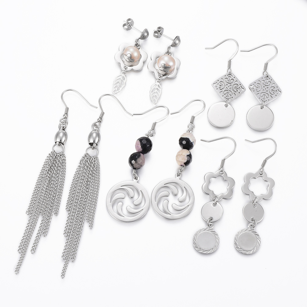 PandaHall 304 Stainless Steel Dangle Earrings, with Shell Pearl and Agate, Mixed Shapes, Stainless Steel Color, 39~95x7~20x1~8mm; Pin: 0.8mm...